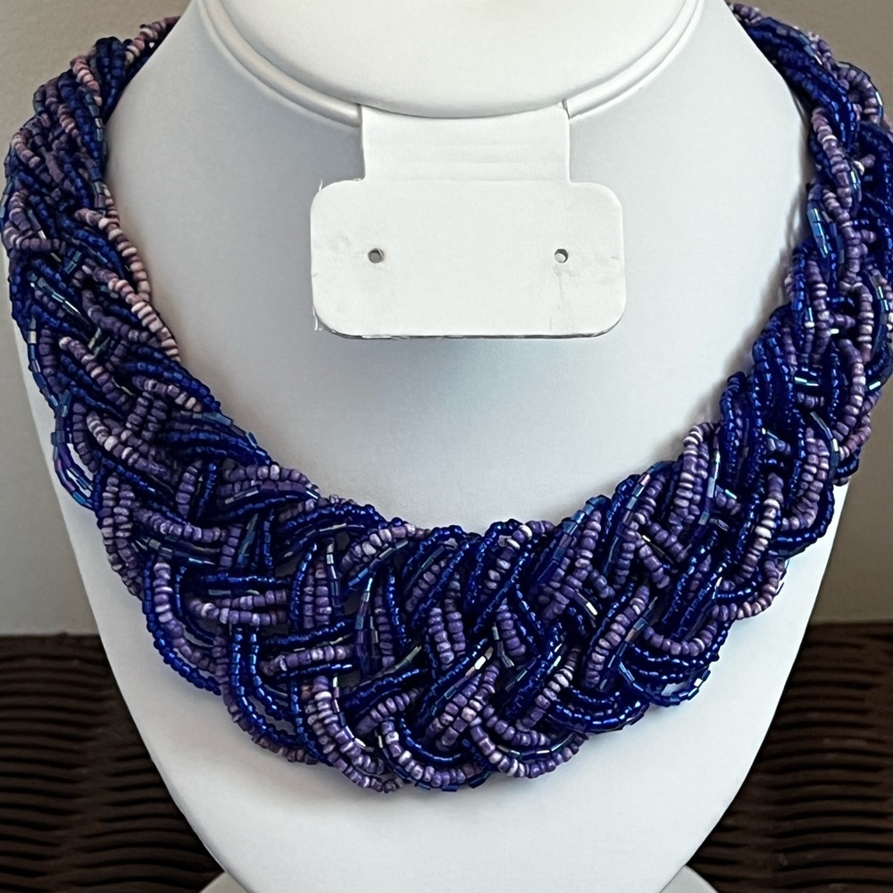 M Haskell Royal Blue/ Purple Glass Seed Bead Braided Necklace
